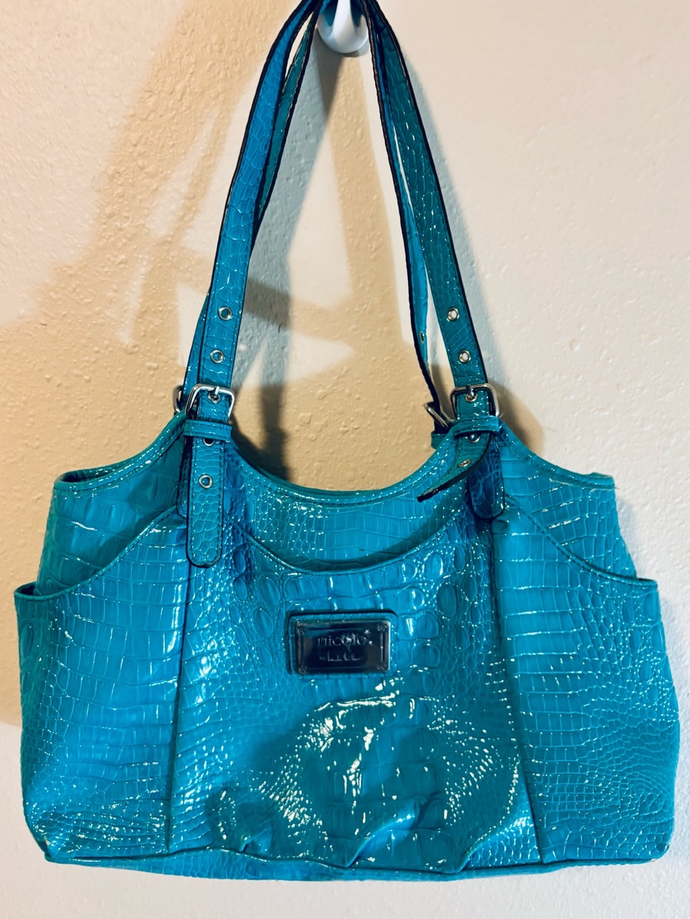 Nicole by Nicole Miller Teal Croc-Embossed Shoulder Bag with Wrist Strap Wallet